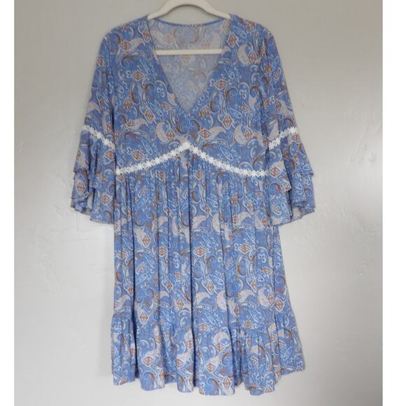 Bohemian Mini Babydoll‎ Dress Flutter Sleeve Womens Size Small Flowy Hippie Chic - Picture 1 of 9